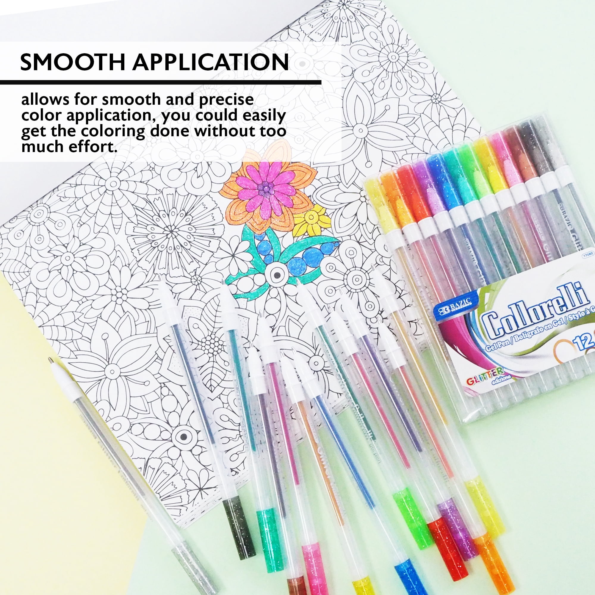 BAZIC Collorelli Gel Pen 1.0mm Glitter Color, Smooth Write, (12/Pack), 24-Pack
