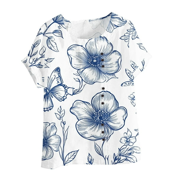 Vestidos Casuales Para Mujer, Blusas De Mujer De Moda Blusa tipo túnica informal de lino con estampado de peces y botones de manga corta para mujer
