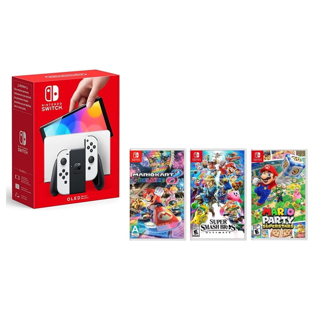 Consola Nintendo Switch OLED 64Gb Blanco (Versión Internacional) + juegos fisicos Super Smash Bros Ultimate Super Mario Party Super Stars Mario Kart 8 Deluxe