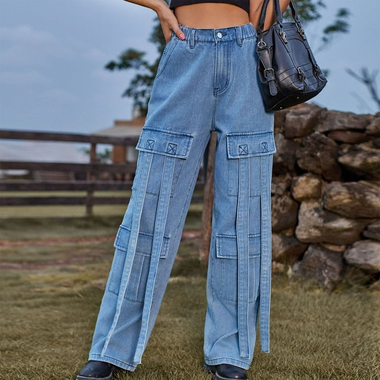JWZUY Women's Cargo Pants Y2K High Waist Baggy Jeans Strappy Flap Pocket  Wide Leg Loose Denim Pants Streetwear Blue M 
