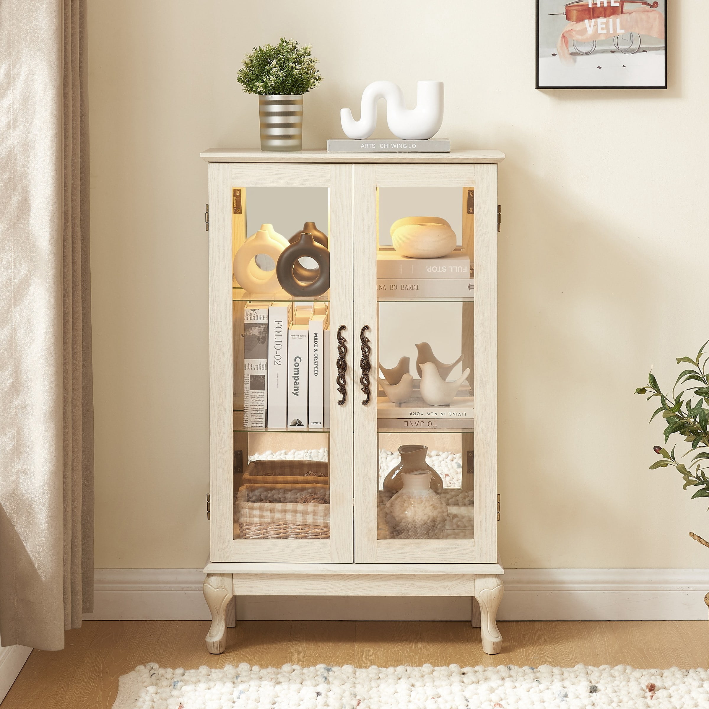 2-Door Curio Cabinet with Tempered Glass Doors, Mirrored Back Panel, Adjustable Shelves, Lighted Display Cabinet, White