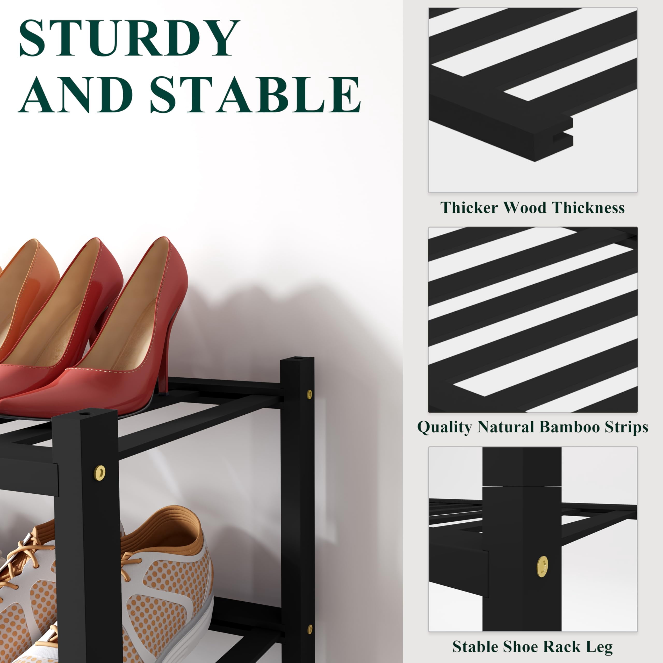 decorUhome Bamboo 4 Tier Small Shoe Rack for Closet, Shoe Storage Organizer, Wood Shoe Shelf for Entryway, Black