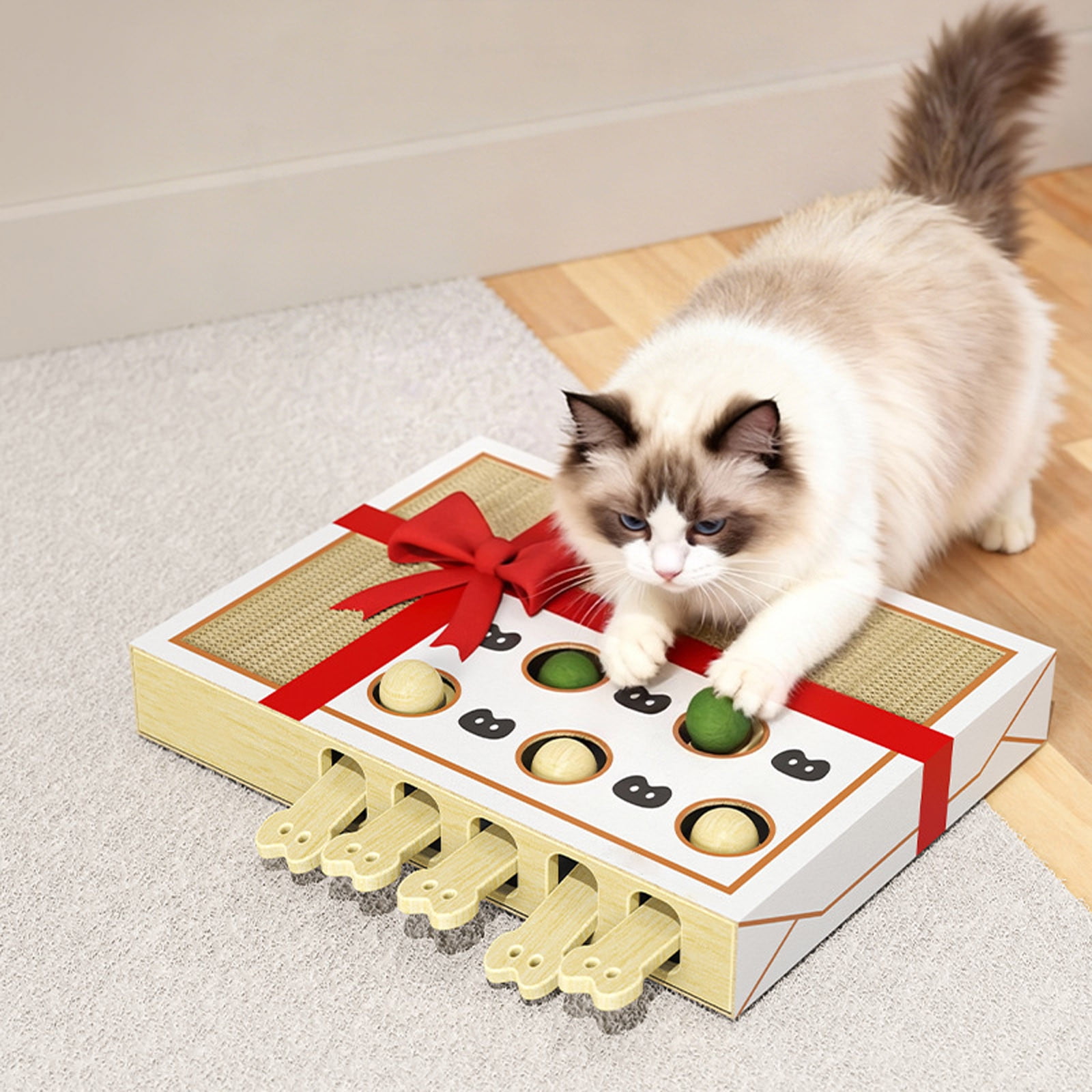 Cat Puzzle Scratching Board with 5 Popping Balls - Interactive Whack-A-Mole Cat Toy with Scratch Pads and Wooden Levers, Durable Puzzle Toy for Kittens Adult Cats to Reduce Boredom & Anxiety