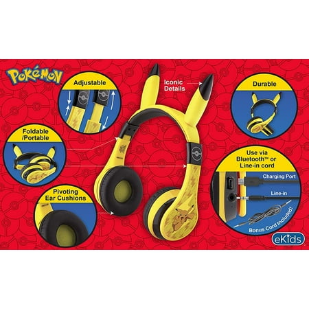 eKids Pokemon Pikachu Wireless Over the Ear Headphones - yellow