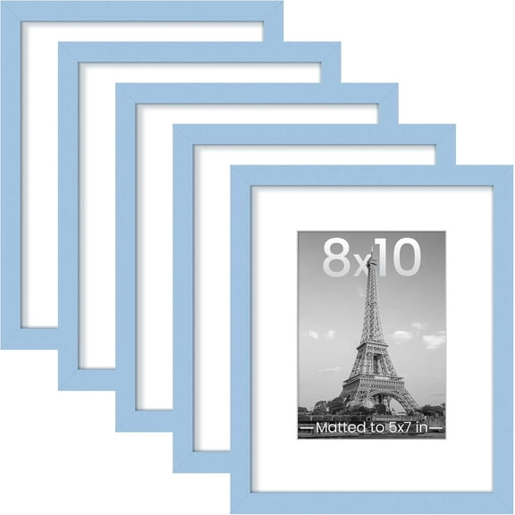 8x10 Picture Frame Set of 5, Display Pictures 5x7 with Mat or 8 x 10 Without, Wall Gallery Photo Frames, Blue