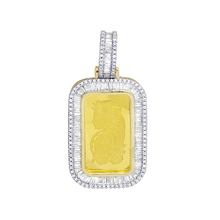 Men 24K Yellow Gold Lady Fortuna Bar Real Diamond Baguette Pendant 1.5" 0.93CT 2.5gm