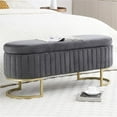 thumbnail image 3 of 50" Storage Ottoman Bench with 300lb Seating, Velvet Upholstered Entryway Bench with Golden Metal Legs, Flip Top Oval Foot Rest Long Stool for Sofa Couch End of Bed Bedroom Living Room Window, Grey, 3 of 6