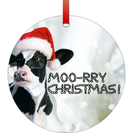 Quotes For Christmas Ornaments Moory Christmas - Cow - Quote - Rosie Parker Inc. TM - Double-Sided Round-Shaped Flat Aluminum Christmas Holiday Hanging Ornament with a Red Satin Ribbon. Made in the USA! ()