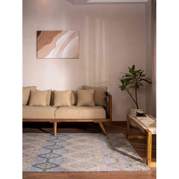 HAND KNOTTED WOOL GEOMETRIC MODERN AREA RUGS - 6'x9', Rectangle Shape, Light Blue Color, Classic Traditional Design, Low Pile Handmade Area Rugs for Living Room, Bed Room (N00803)