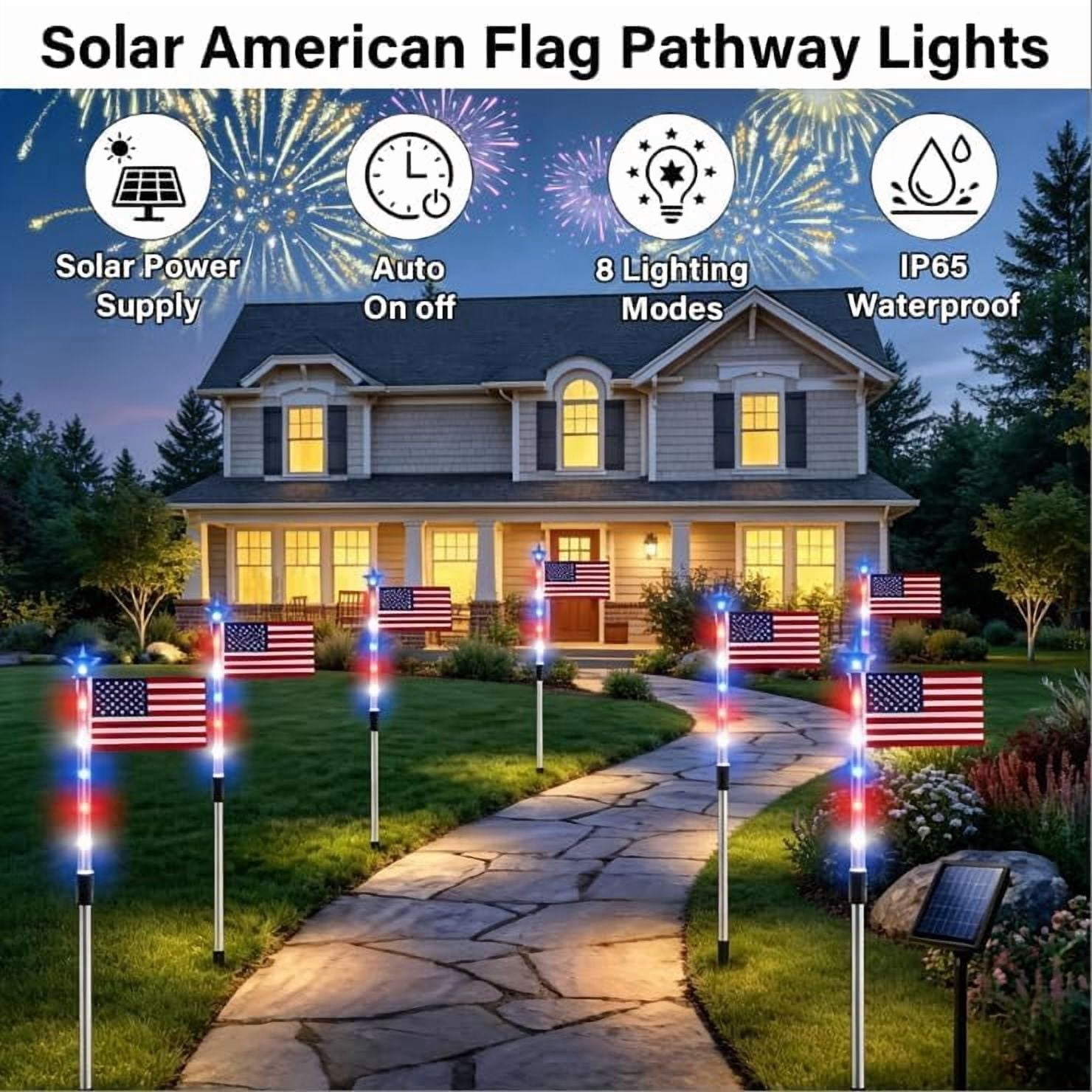 8 Pack Solar American Flag Pathway Lights - 250th Anniversary Patriotic Red White Blue Outdoor Stakes, 8 Modes Waterproof LED Garden Lights for 4th of July, Memorial Day & Independence Day Decor