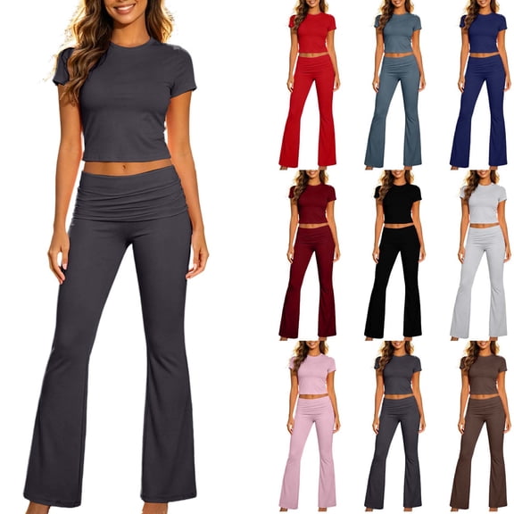 DYTTDG Women's 2-Piece Crop Top & Flare Pants Set | High Waist Ruched Loungewear & Activewear Outfit, Matching Casual Set