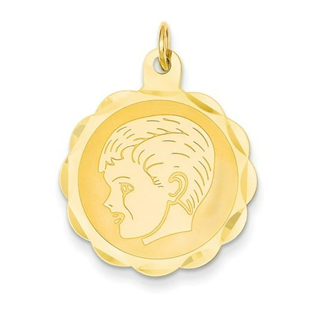 14k Yellow Gold Boy Head on 0.011 Gauge Engravable Scalloped Disc Charm Pendant