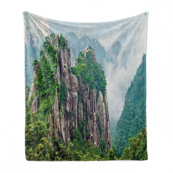 Mountain Soft Flannel Fleece Throw Blanket, Majestic Slim Mountains Rocks in Clouds South Chinese Nature, Cozy Plush for Indoor and Outdoor Use, 50" x 70", Green Brown White, by Ambesonne