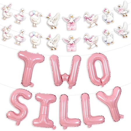 Two Silly Goose Birthday Decorations Pink Two Silly Balloon Cute Goose Garland Farm Animal Second Bday Banner for Girls 2th Birthday Party Supplies