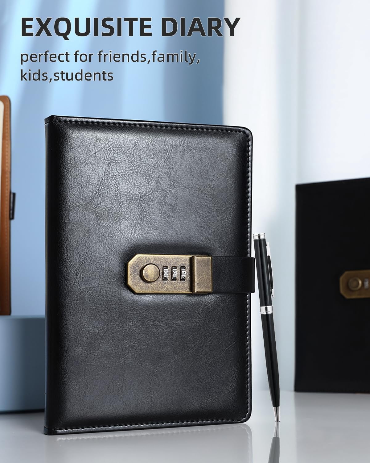 Diary with Lock, A5 PU Leather Journal with Lock 200 Pages, Vintage Locks Journal Password Notebook with Pen, Locks Diary Planner Organizer for Men and Women,Black