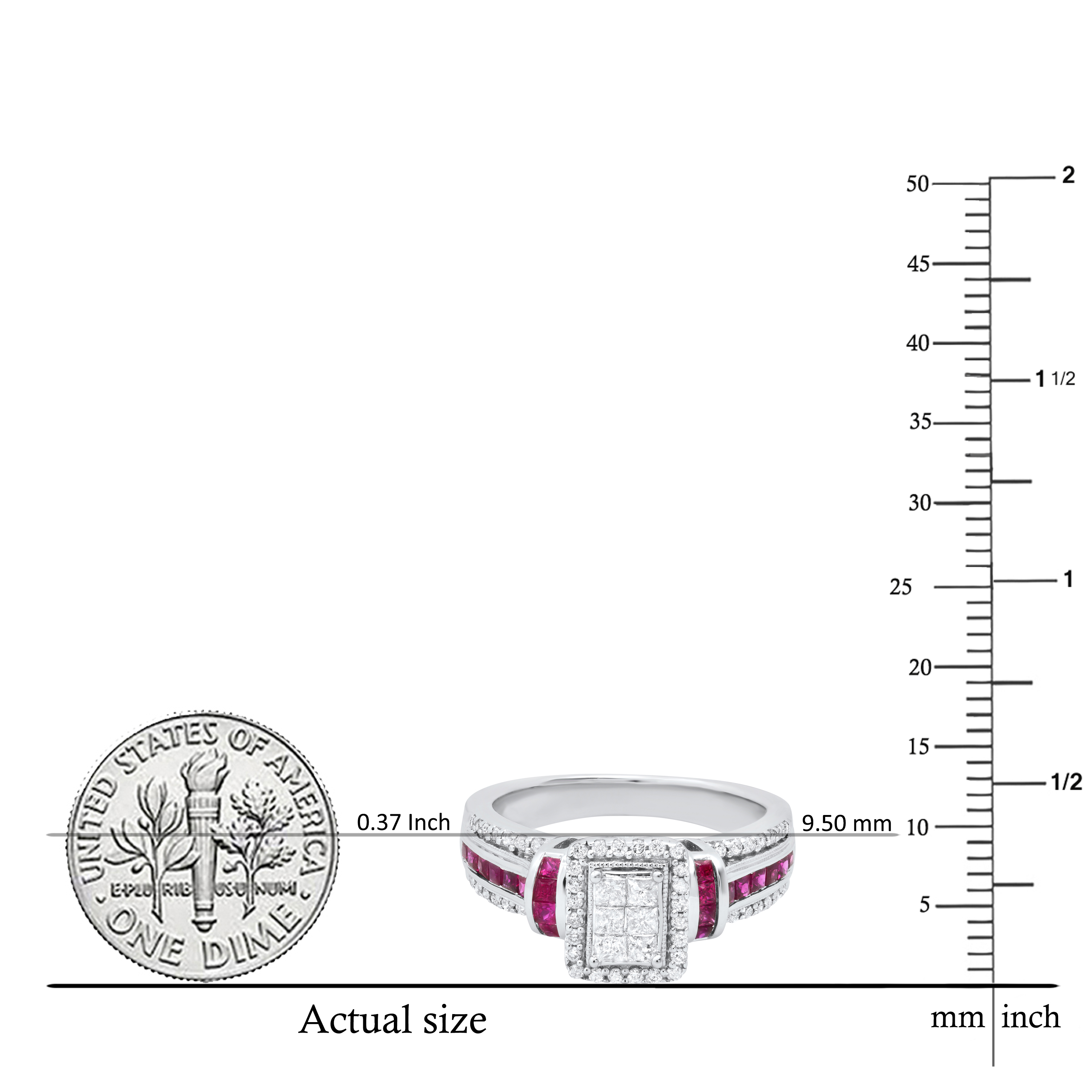 Dazzlingrock Collection Princess Ruby with Round & Princess White Diamond Engagement Ring for Women (0.50 ctw, Color I-J, Clarity I2-I3) in 925 Sterling Silver, Size 7.5