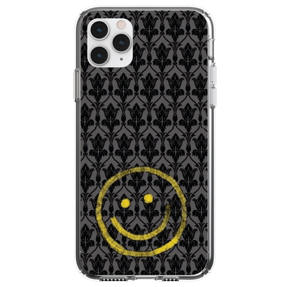 DistinctInk Clear Shockproof Hybrid Case for iPhone 12 MINI (5.4" Screen) - TPU Bumper, Acrylic Back, Tempered Glass Screen Protector - Yellow Smiley Face Black Grey Damask