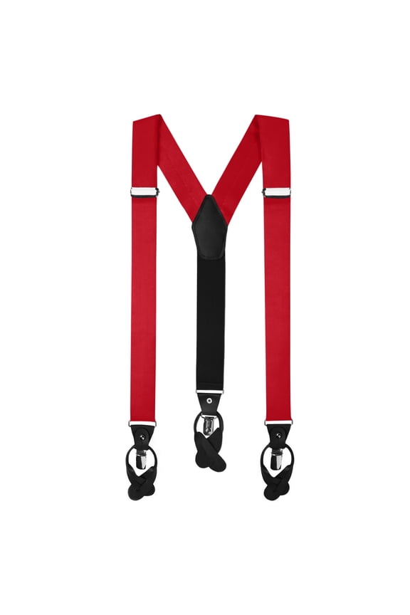 Men's Solid Fabric Suspenders Braces Convertible Leather Ends and Clips Y-Back - Red