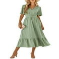 thumbnail image 1 of Femmes Été Robe Longue Couleur Unie Suisse Point V-Cou Volants Manches Courtes Robe Décontractée Robe Swing, 1 of 9