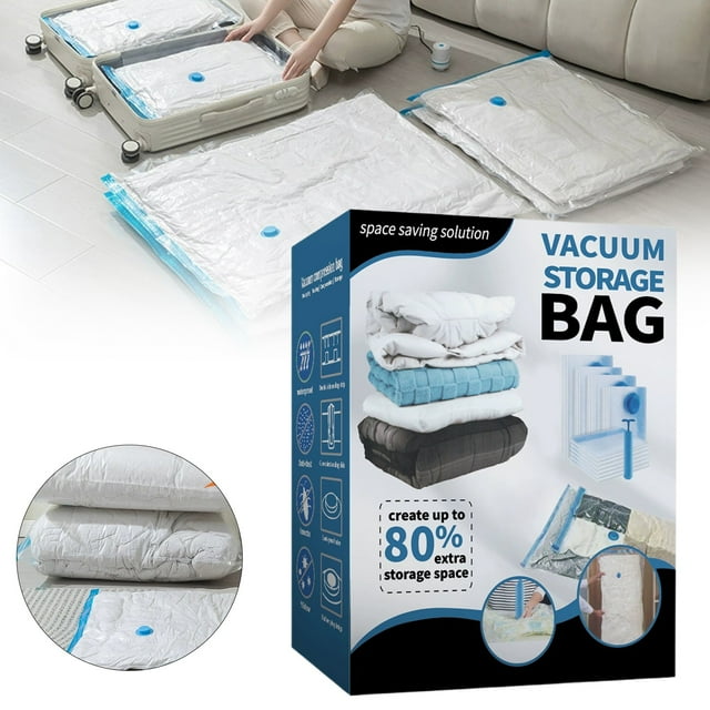 Sac de Compression sous Vide Transparent Bleu Sac de Rangement sous Vide Roulé à la Main pour Voyage Veste en Coton Couette Déménagement (en Boîte avec Pompe à Main)