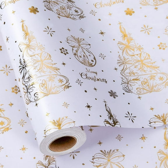 Christmas Wrapping Paper, White and Gold Gift Wrapping Paper, Gold Foil Christmas Tree Winter Holiday Gift Wrap Neutral for Gift Packaging, Festive Decoration (17 Inch X 33 Feet)