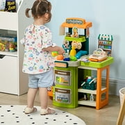 Qaba 58Pcs Grocery Store Pretend Play Kids Trolley w/ Cash Register Stand, Play Store for Kids w/ Scanner, Play Food, Storage for 3-6 Years Old