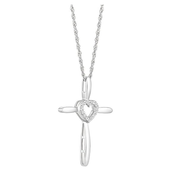 Araiya Fine Jewelry 14K White Gold Round Diamond Cross Heart Pendant with Sterling Silver Rope Chain Necklace (1/10 cttw, I-J Color, I2-I3 Clarity), 18"