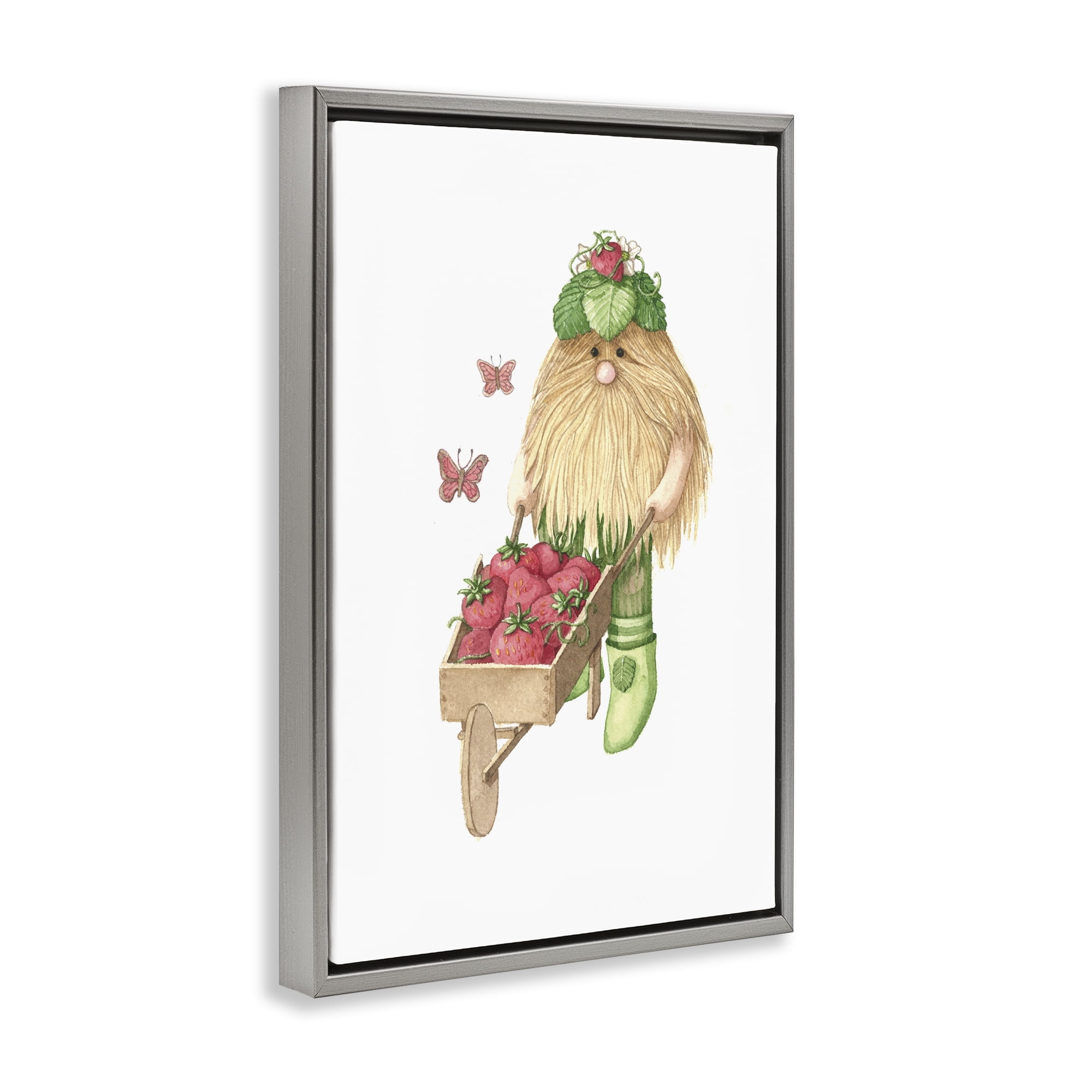 Stupell Industries Garden Elf with Wheelbarrow Gray Framed Floater Canvas Wall Art, design by Nancy Overton