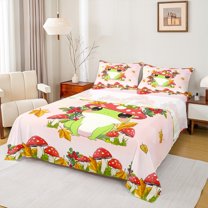 Manfei Cute Cartoon Frog Queen Sheet Sets,Rustic Fungus Mushroom Flat Sheet,Brown Maples Red Berry Queen Fitted Sheet For Kids,Ultra Soft Home Decor,4pcs