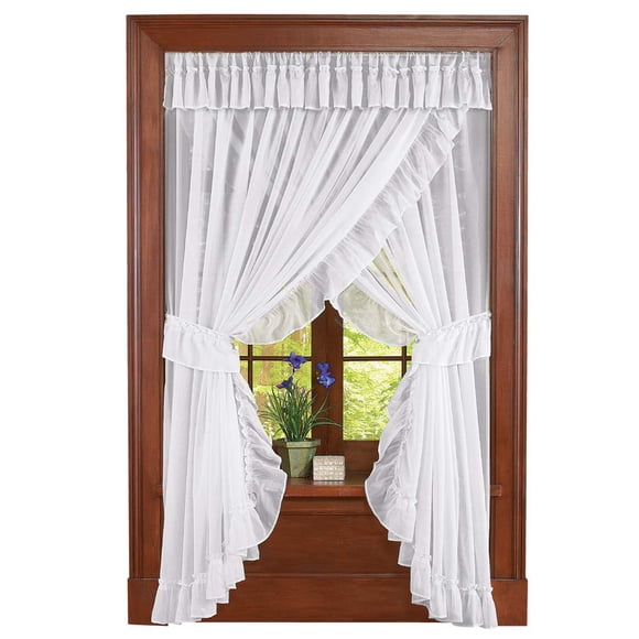 Collections Etc Isabella Ruffled Sheer Fabric Rod Pocket Window Curtain Set White