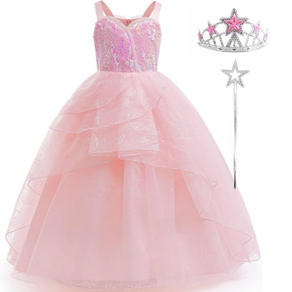 Good Witch Pink Dress for Girls Halloween Cosplay Costume With Crown Magic Wand