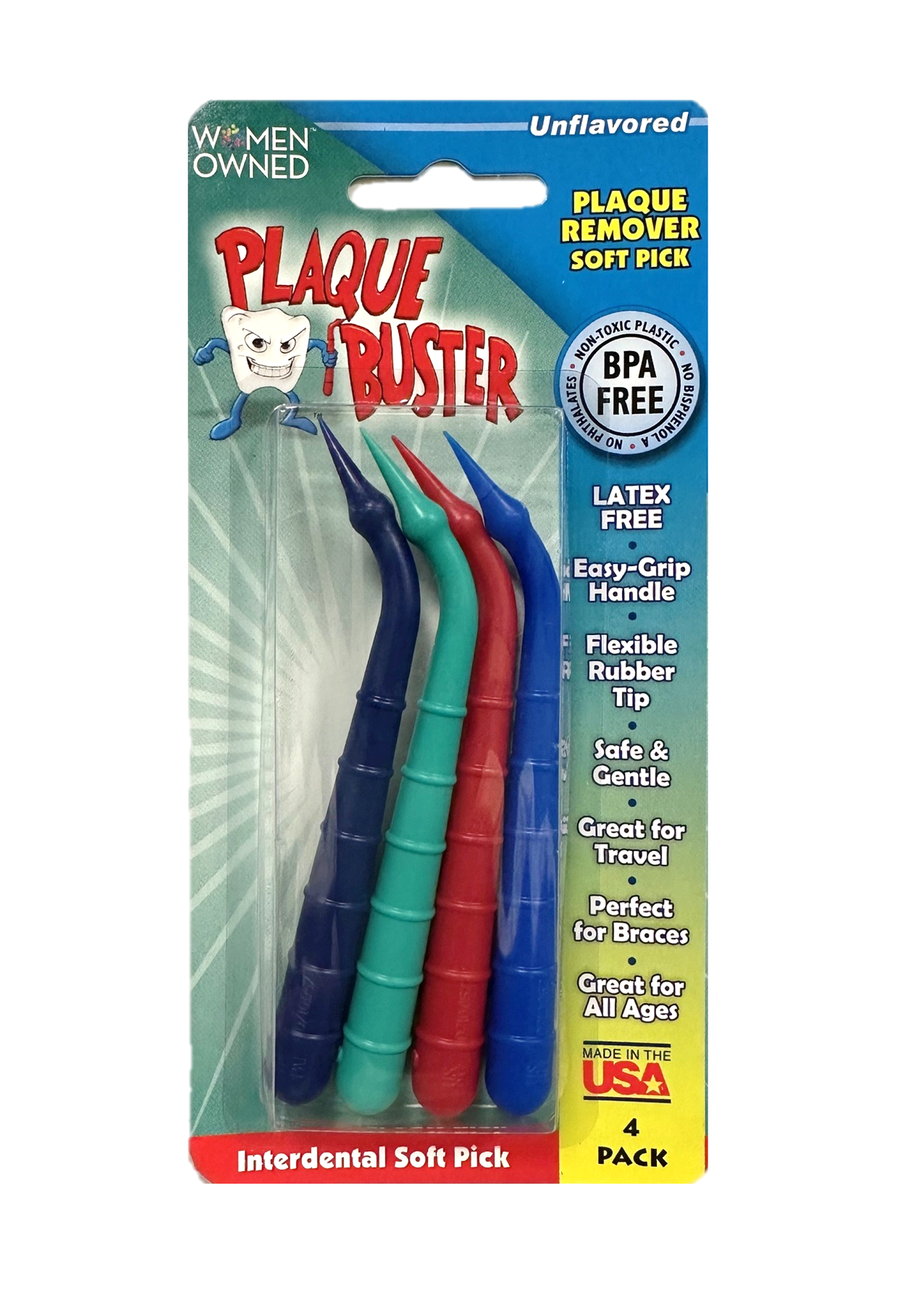 Plaque Buster Gum Stimulator & Plaque Remover, Made in USA, Great for Oral Health and Healthy Gums, Multicolor, 4 Count (Pack of 4)