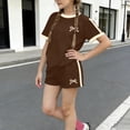 thumbnail image 6 of SGFCWSX Girls 2 Piece Outfits Summer Bow Print Short Sleeve T Shirt Side Stripe Shorts Set for Kids Brown Size 6, 6 of 6