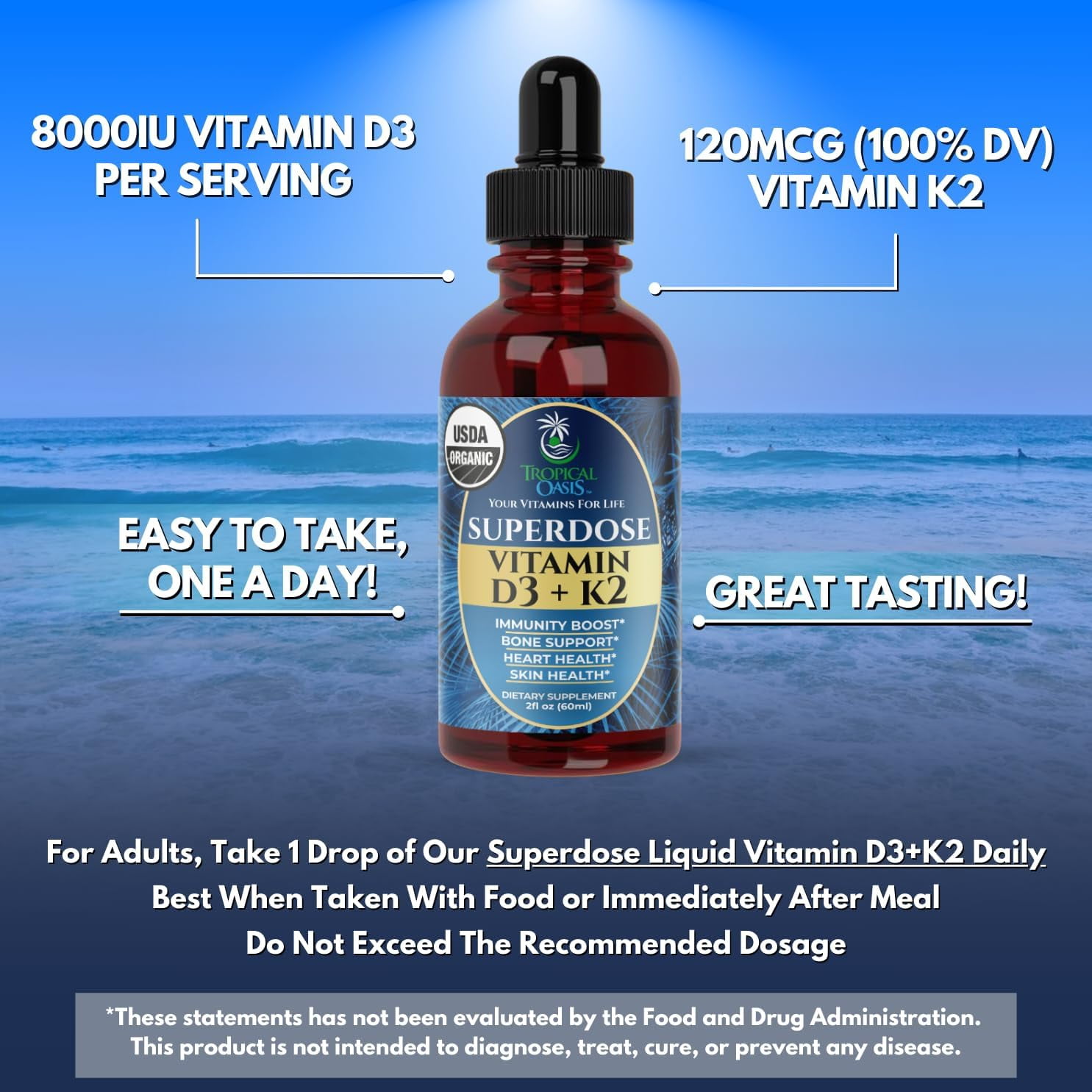 Tropical Oasis USDA Organic Superdose Vitamin D3 + K2 Drops for Adults, Liquid Vitamin Supplement for Immunity Boost, Bone Support, Heart & Skin Health, Tropical Fruit, 2 fl oz, 60 Servings
