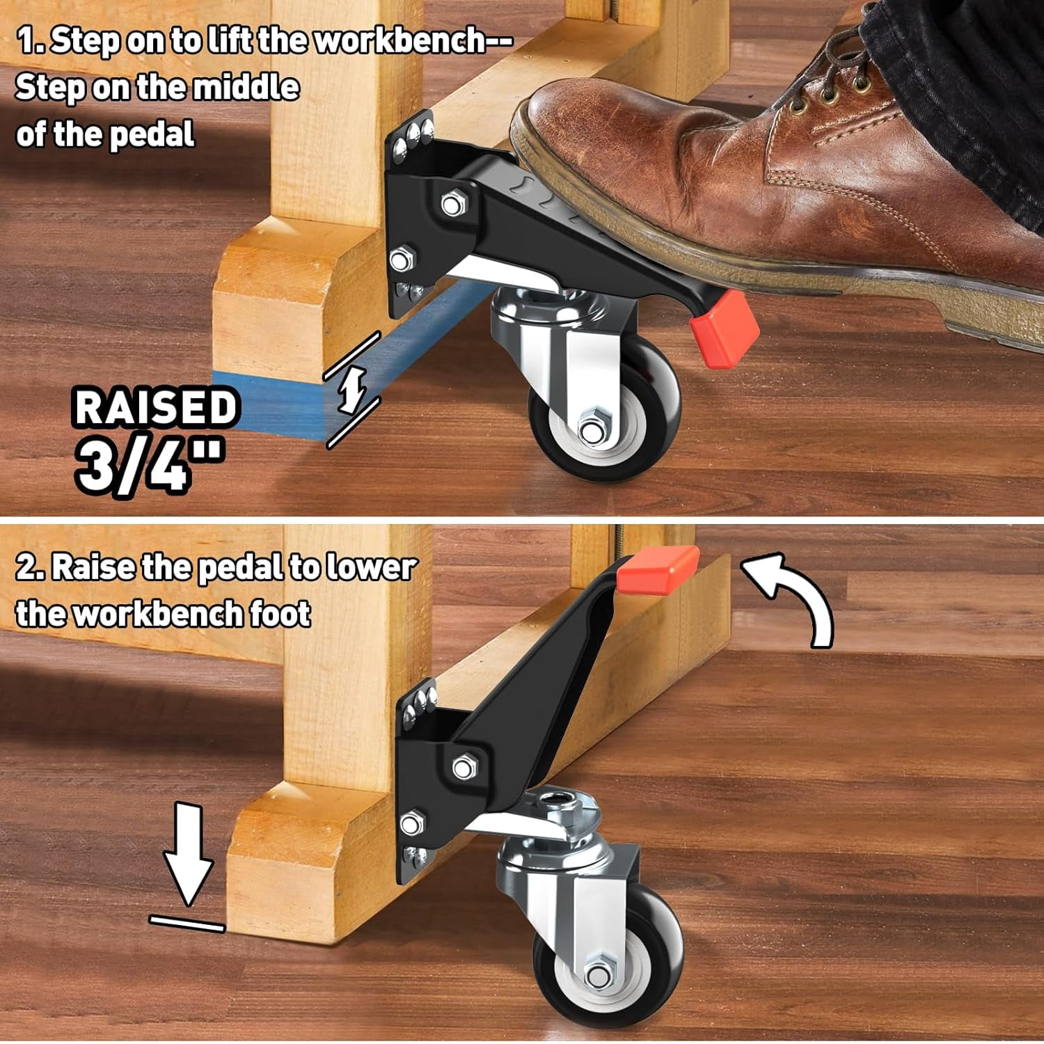 4 Pack Workbench Casters kit 660/720/880/990 Lbs - Retractable Casters Heavy Duty Bench Caster Wheels Designed for Workbenches Machinery & Tables,