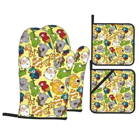 

Oven Mitts and Pot Holders 4 pcs Set Animals Heat Resistant Pot Holders Oven Mitts for kitchen Non-Slip Hanging Loop Oven Glove Potholders for Baking Cooking