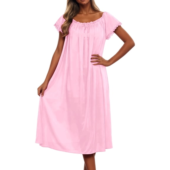 RUTAYY Women's Nightgowns Solid Color Ice Silk Short Sleeve Midi Length Loose Loungewear Soft Comfortable Trendy Travel Dress