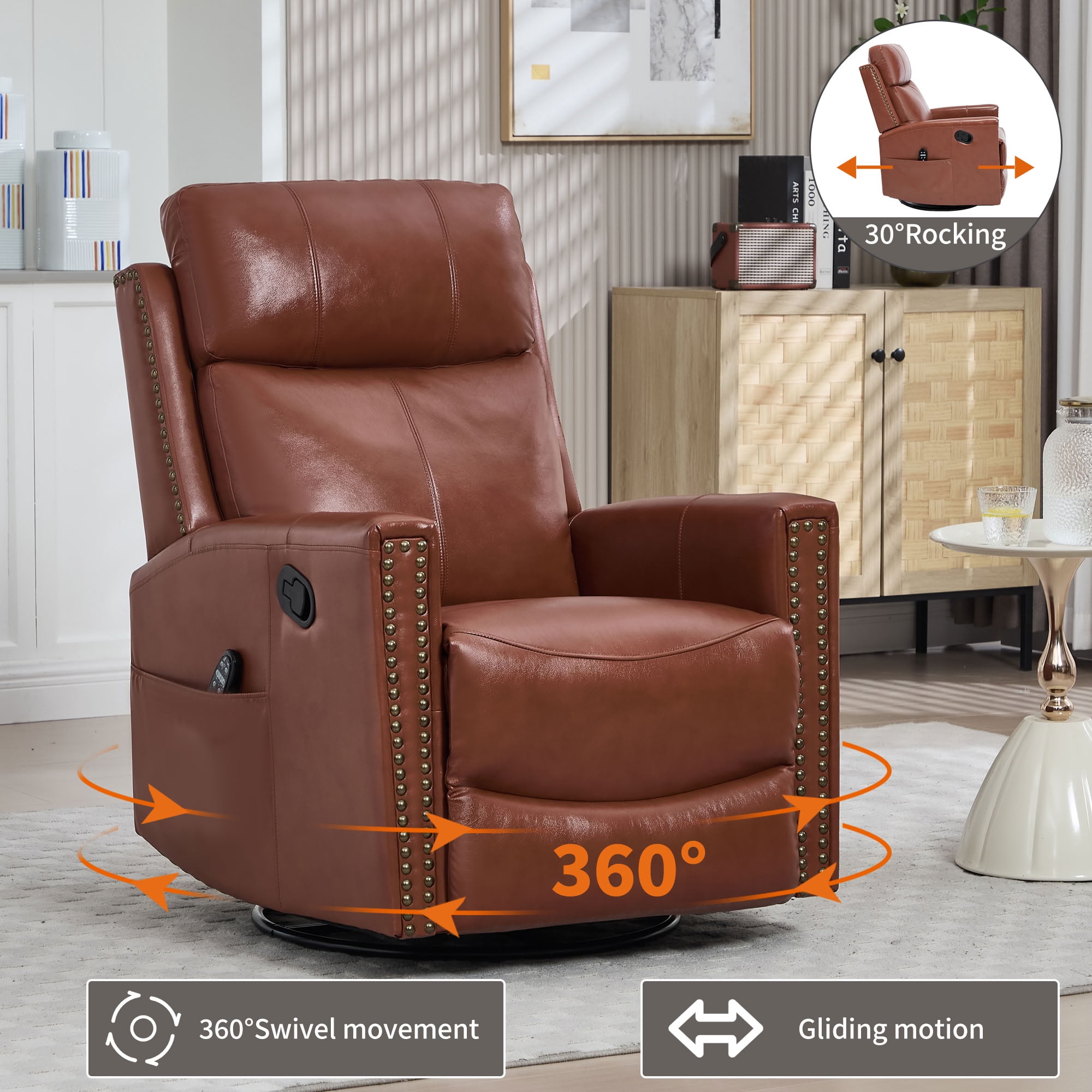 MAYEERTY Genuine Leather Swivel Recliner Chair, Manual Rocker Lounge Chair with 8-Point Massage & Lumbar Heat, for Living Room Home Theater