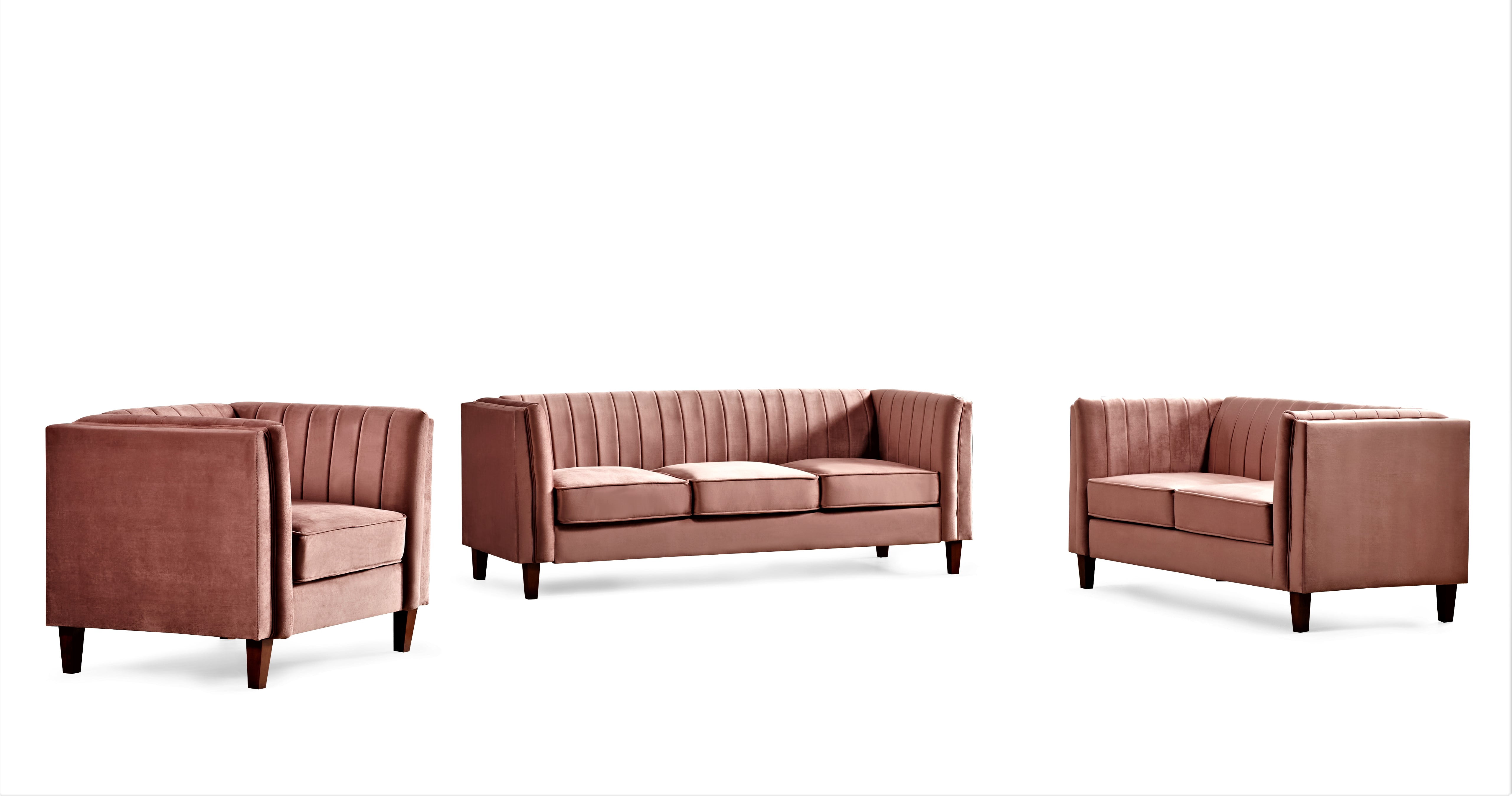 Uspridefurniture Plainfield Line Tufted Square Design 3Pcs Livingroom Set, Pink Velvet