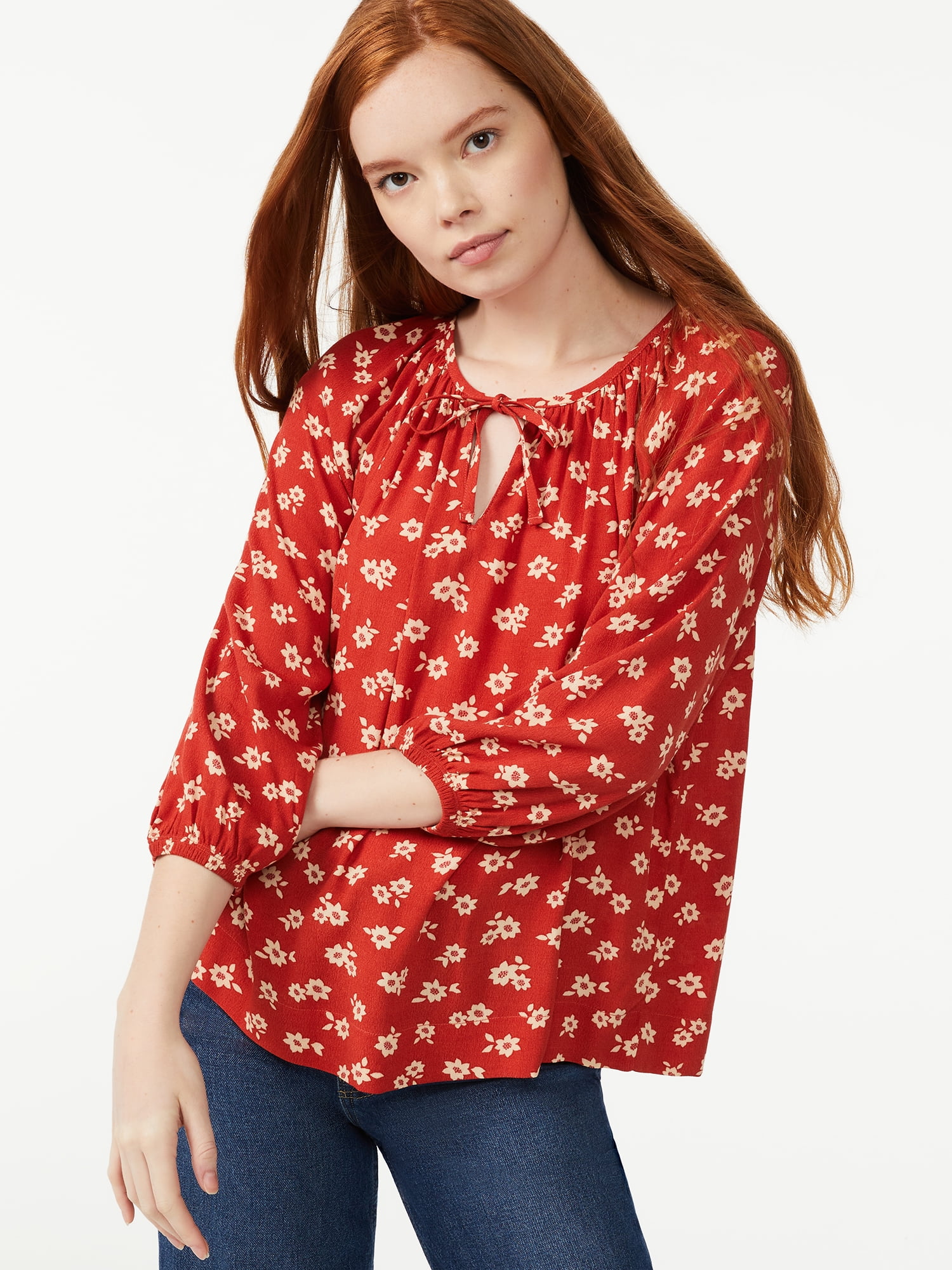 Free Assembly Women's Tie Neck Swing Top with Long Sleeves