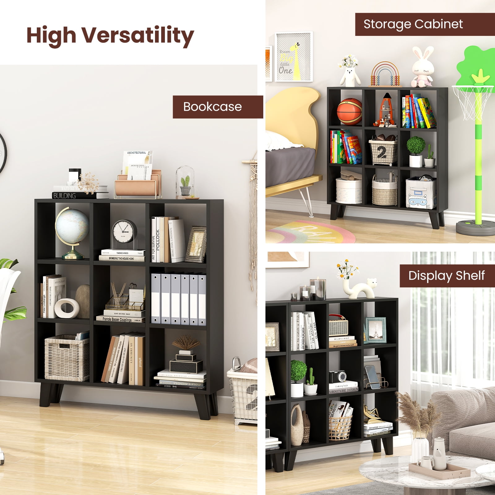Costway 2PCS 9-Cube Bookcase with 6 Removable Shelves Raised Support Feet for Living Room Black