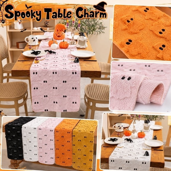 Pink Ghost Table Runner, Soft Plush Embroidered Halloween Table Decor, Cute Seasonal Dining for Home Party and Kitchen Display 13 X 72 Inch