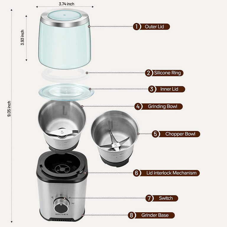 Secura Electric Coffee Grinder and Spice Grinder with 2 Stainless Steel  Blades Removable Bowls
