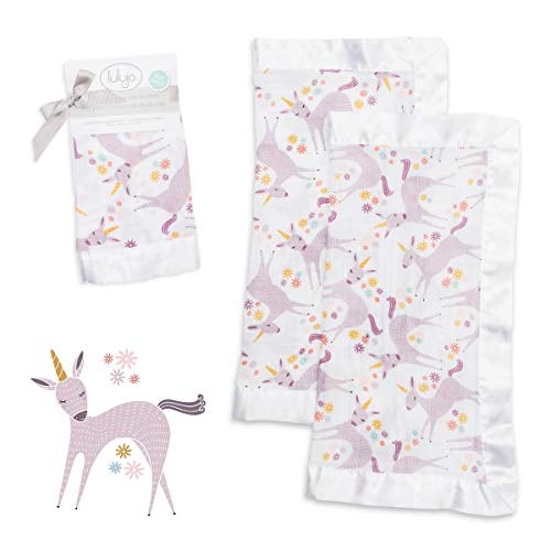 lulujo Baby Security Lovie Blankets| Unisex Softest Breathable Cotton Muslin Security Blanket with Silky Satin Trim| Neutral Comforting Blanket for Girls & Boys | 16in by 16 in| Unicorn