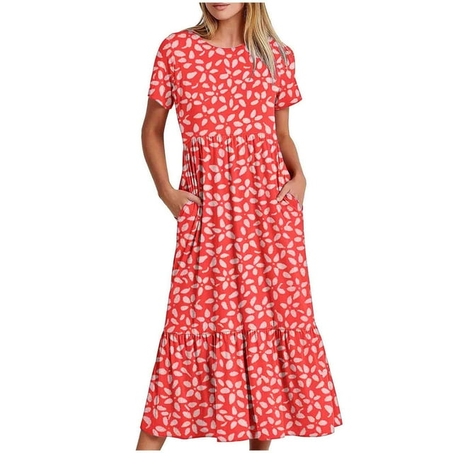 Pisexur Robes d'Été pour Femmes à Col Rond, Robe Fluide Plissée Tendance à Manches Courtes, Mode avec Poche, Robe d'Été de Plage Évasée à Imprimé Floral