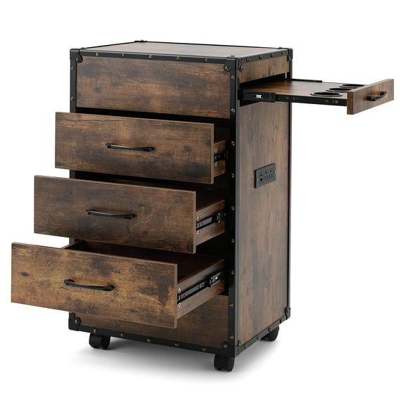 Vintage Salon Trolley Cart Barber Station Hair Styling Barbershop Spa Beauty Equipment with Power Outlets,3 Drawers,Hair Dryer Holders,Wheels