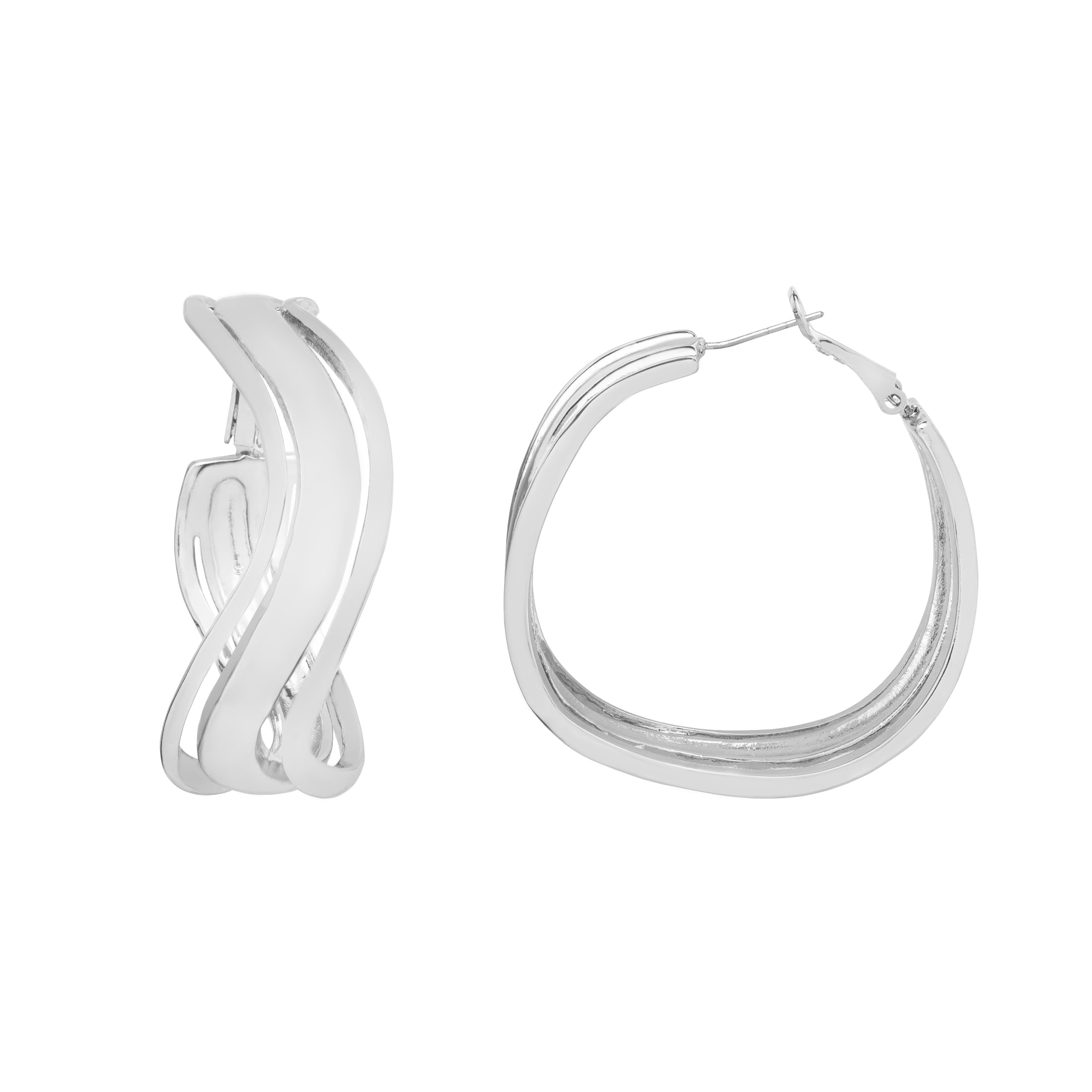 Time and Tru Women's Rhodium Tone Wavy Hoop Earrings