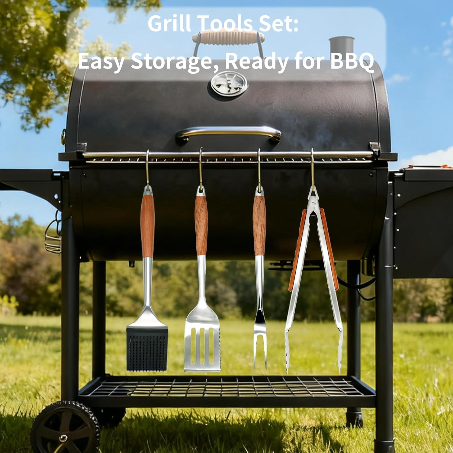 BBQ Grilling Accessories, Outdoor Grill Set with Spatula, Fork, Brush & Tongs, Stainless Steel Grilling Tools with Non-Slip Wooden Handle