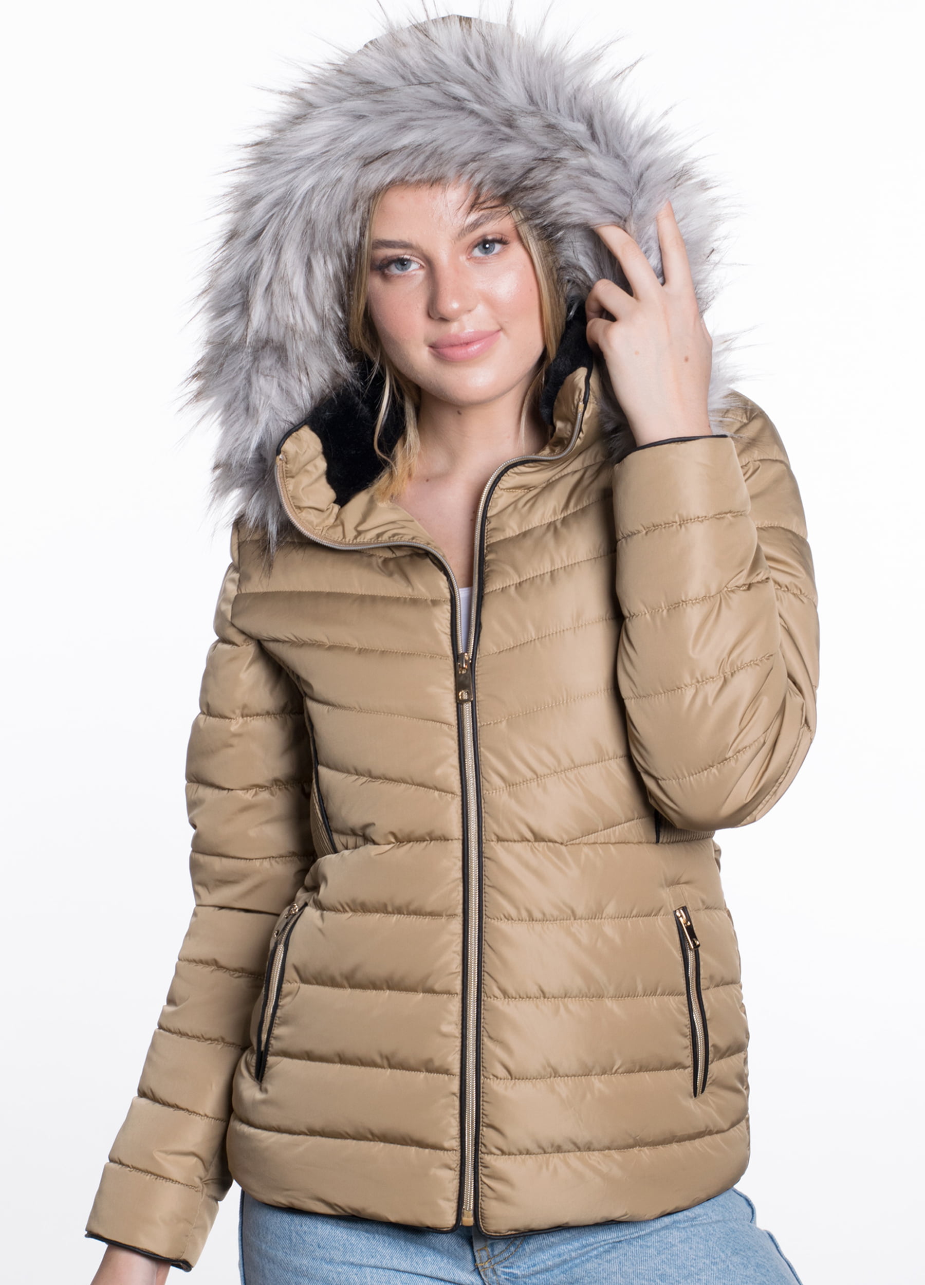 Special One - Women's Puffer Jacket with Detachable Faux Fur Hood ...