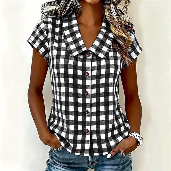 ClodeEU Women's Lapel Cap Short Sleeve Plaid Button Down Blouse,Slim Summer Shirt Top Black,Women's Plus L
